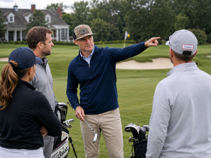 Aron coaching a group of golfers on the course