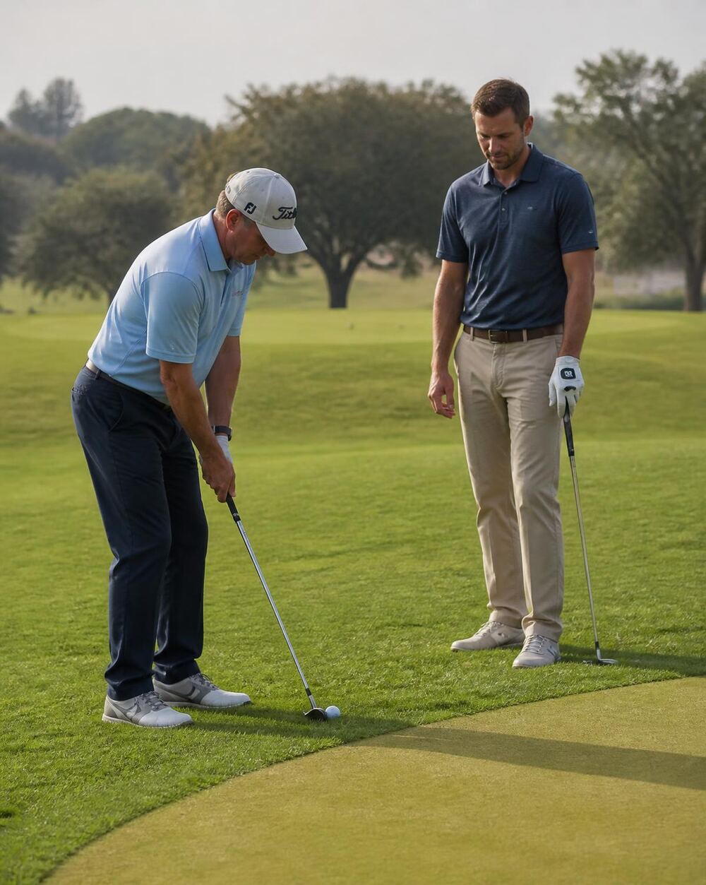 Coach guiding a student through a chip shot beside the green