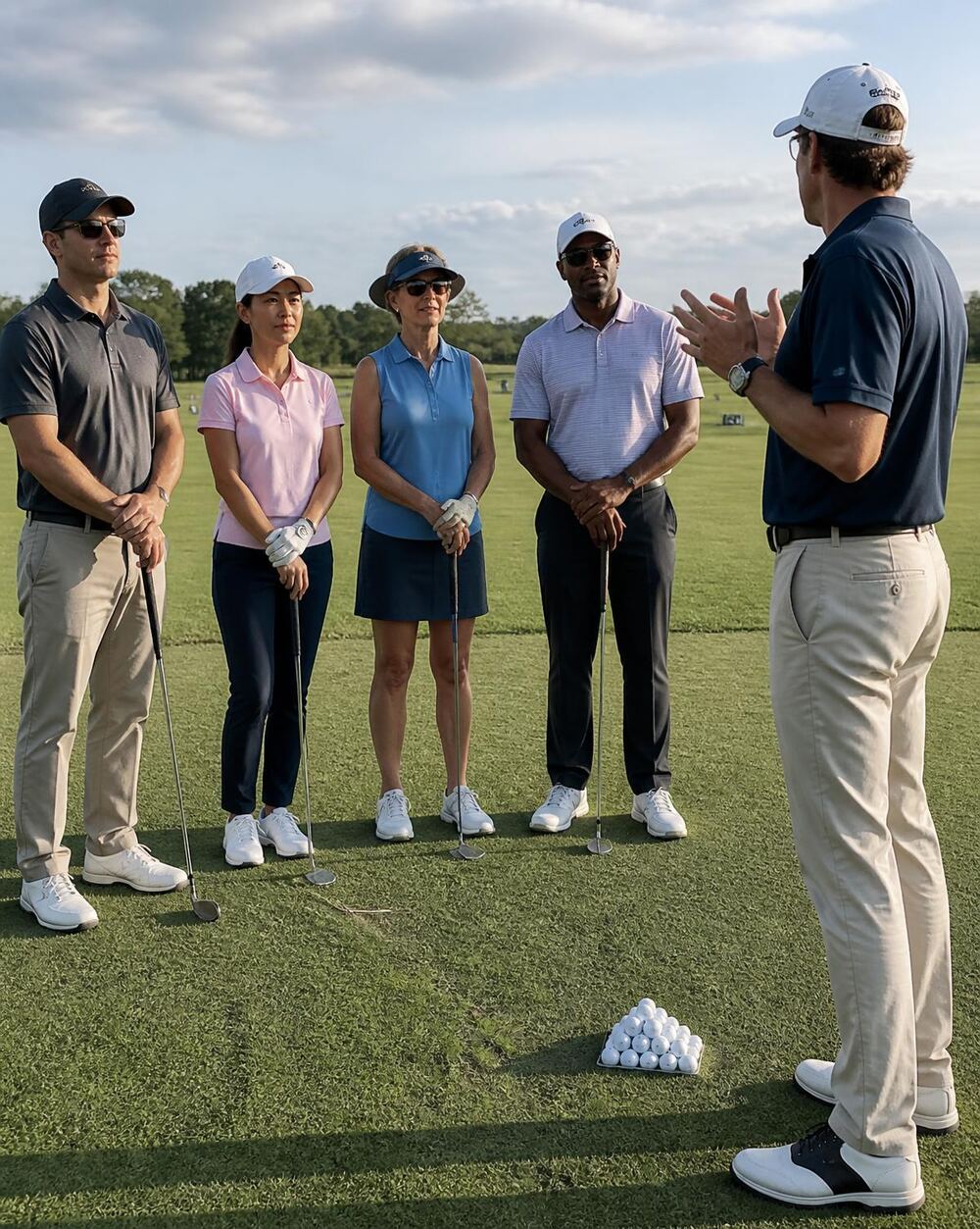 Coach instructing a group of four students lined up on the driving range